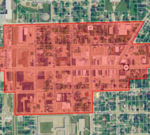 Downtown district in arial view in red