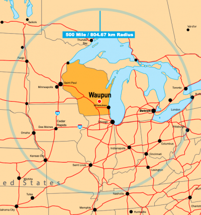 Waupun mile radius on Wisconsin map to show midwest region